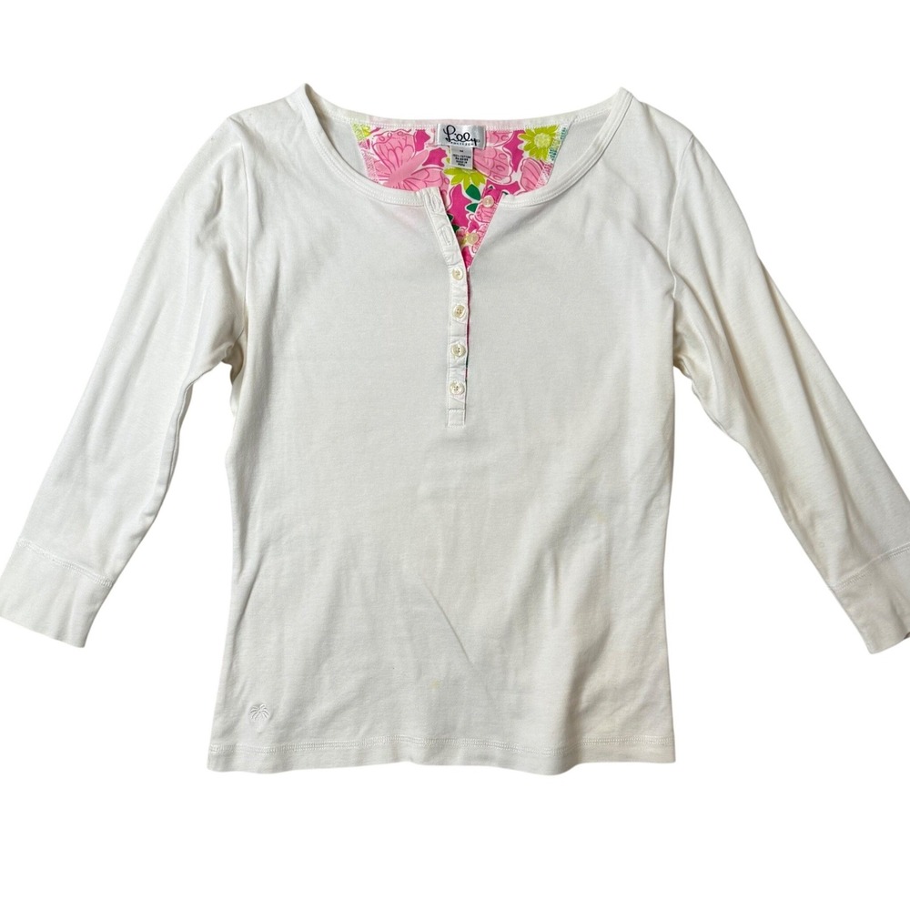 Vintage Lilly Pulitzer White Henley Top Womens M 3/4 Sleeve Cotton Casual Tee